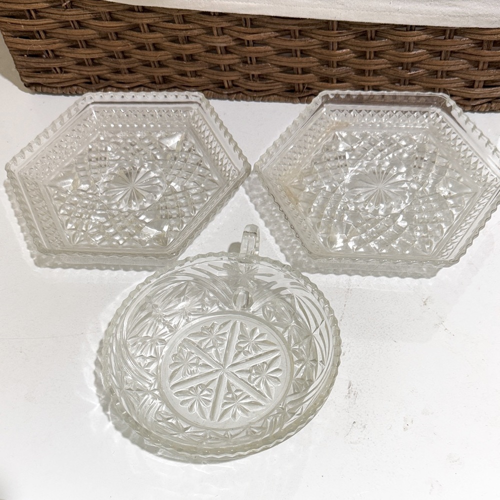 Set of three Wexford Anchor Hocking crystal footed dessert plates & candy dish
